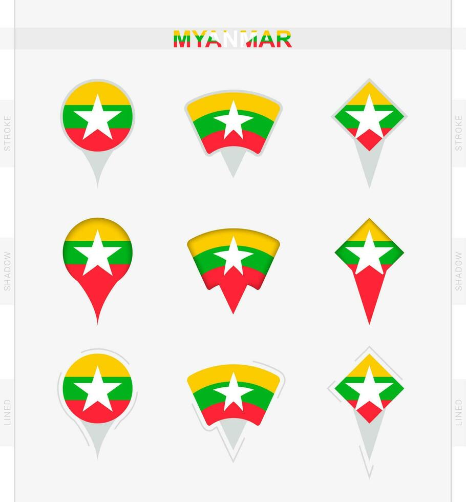 myanmar bandeira, conjunto do localização PIN ícones do myanmar bandeira. vetor