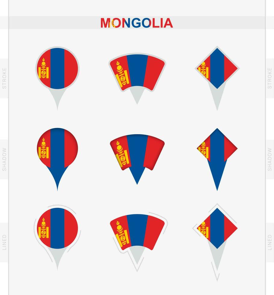 Mongólia bandeira, conjunto do localização PIN ícones do Mongólia bandeira. vetor