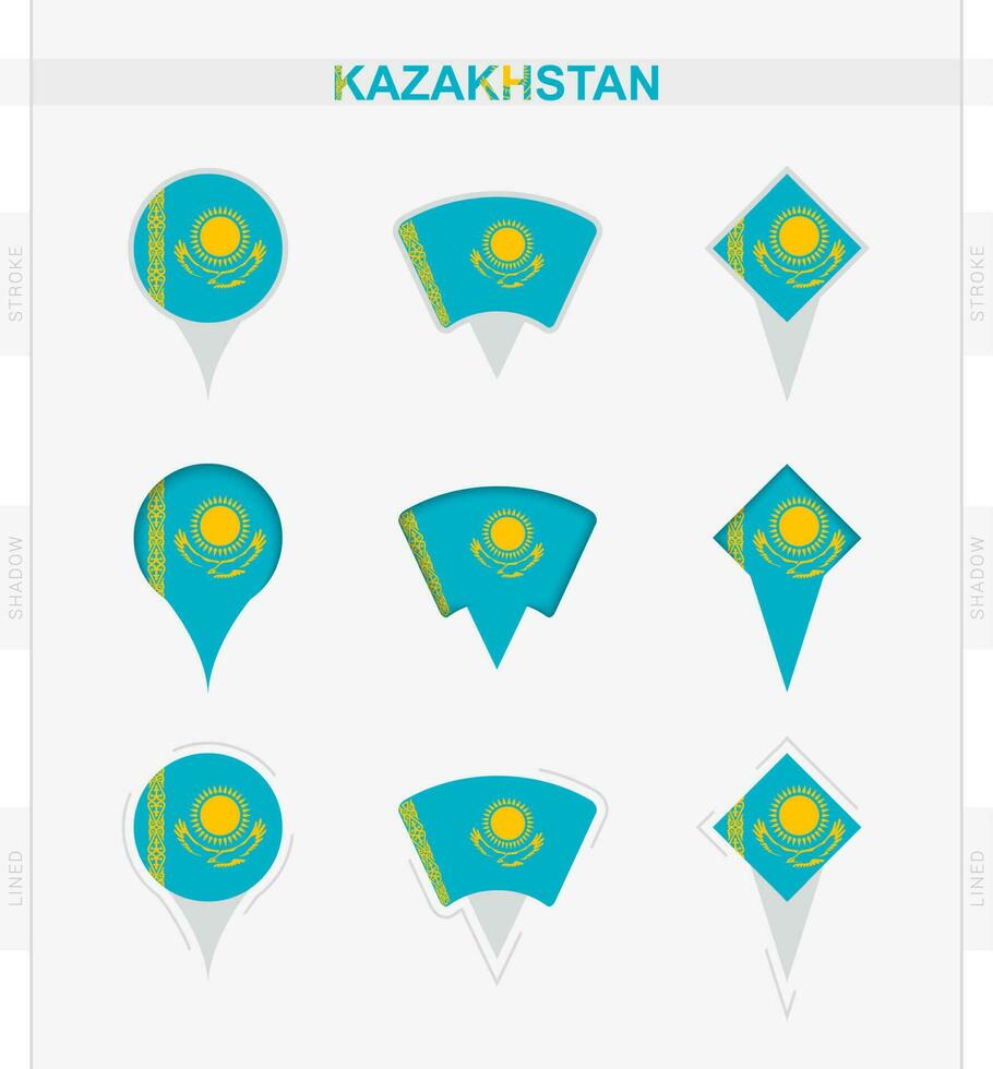 Cazaquistão bandeira, conjunto do localização PIN ícones do Cazaquistão bandeira. vetor