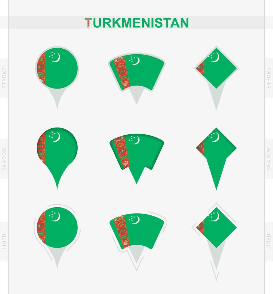 Turquemenistão bandeira, conjunto do localização PIN ícones do Turquemenistão bandeira. vetor