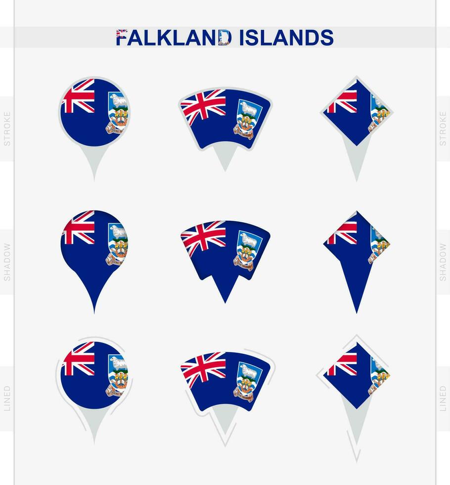 Falkland ilhas bandeira, conjunto do localização PIN ícones do Falkland ilhas bandeira. vetor