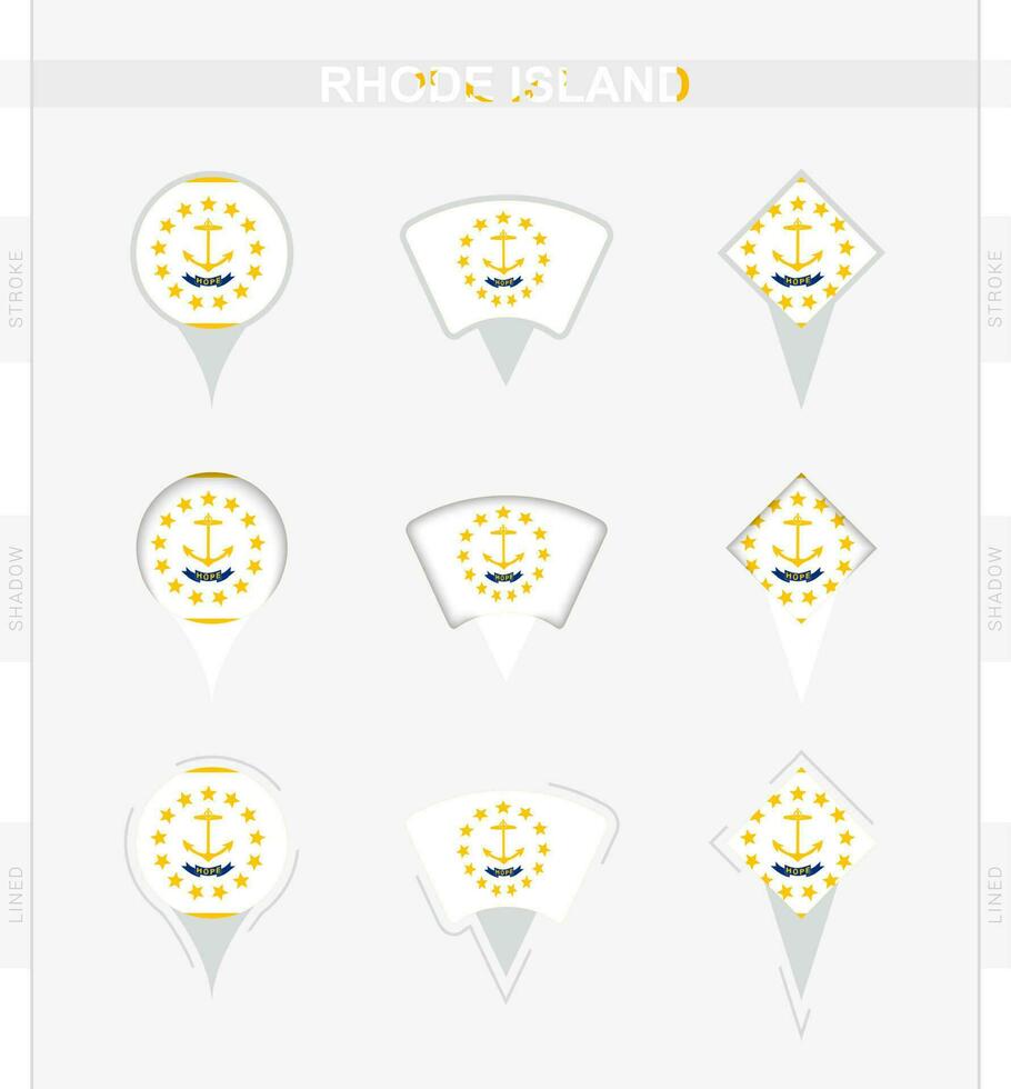 Rhode ilha bandeira, conjunto do localização PIN ícones do Rhode ilha bandeira. vetor
