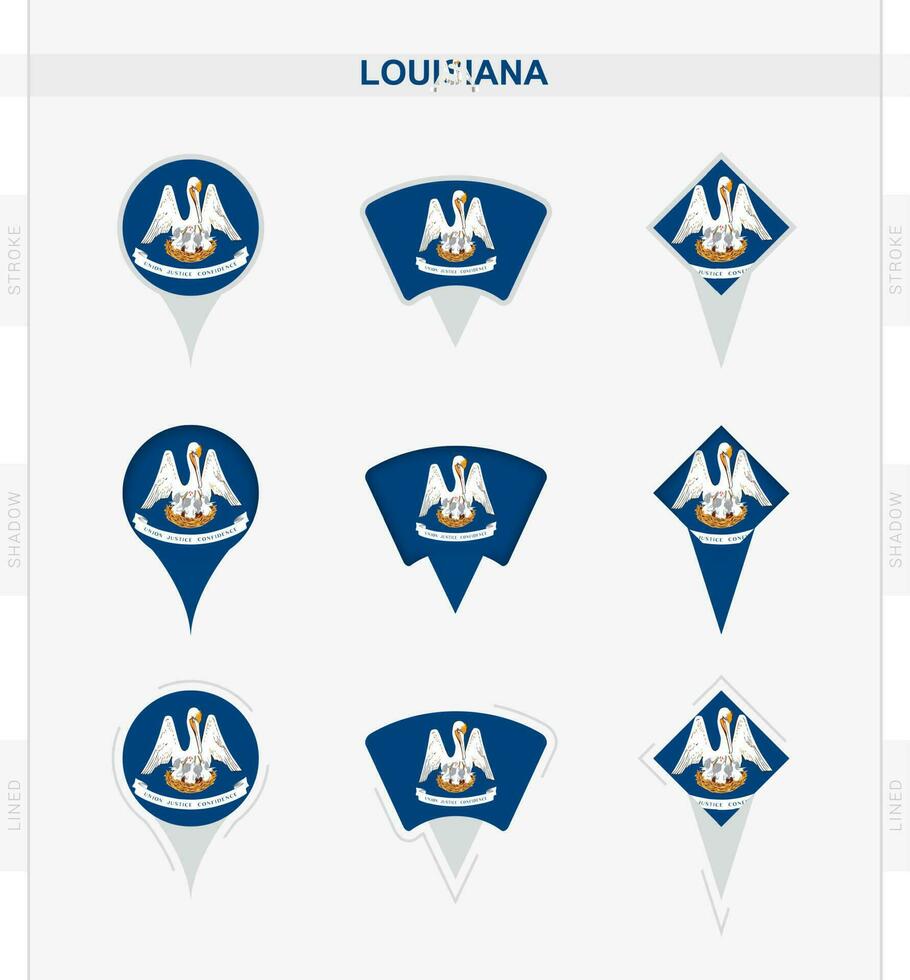 louisiana bandeira, conjunto do localização PIN ícones do louisiana bandeira. vetor