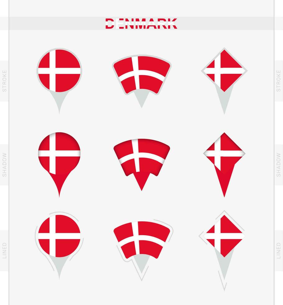 Dinamarca bandeira, conjunto do localização PIN ícones do Dinamarca bandeira. vetor