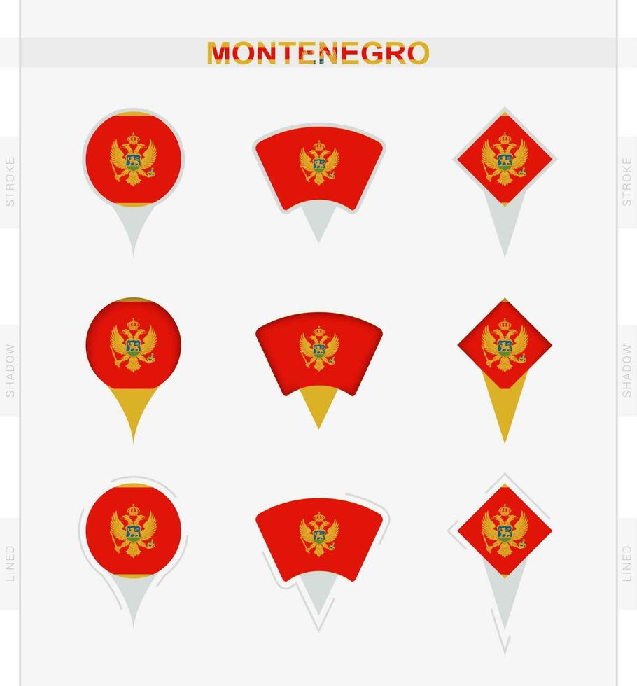 Montenegro bandeira, conjunto do localização PIN ícones do Montenegro bandeira. vetor