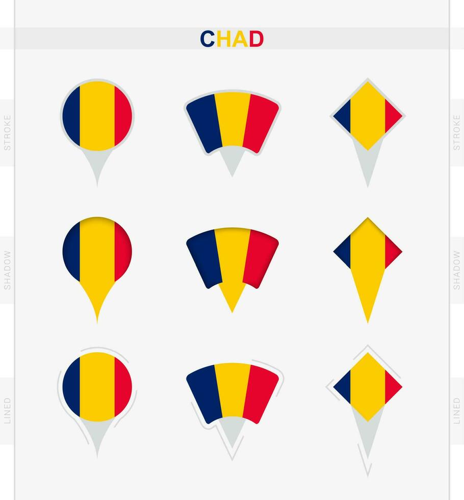 Chade bandeira, conjunto do localização PIN ícones do Chade bandeira. vetor