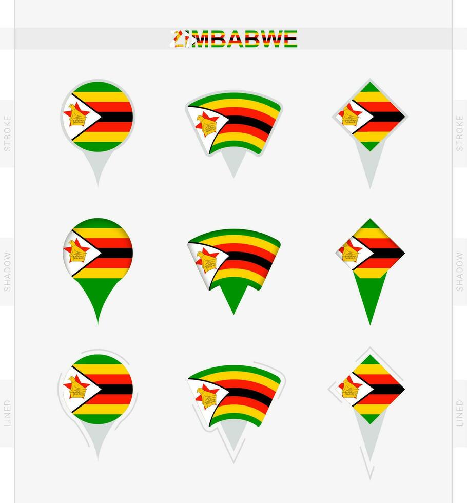 Zimbábue bandeira, conjunto do localização PIN ícones do Zimbábue bandeira. vetor