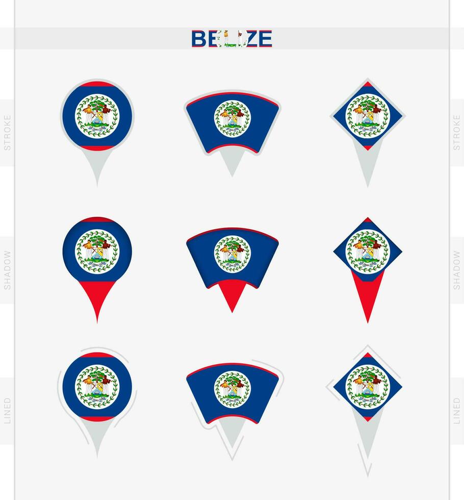 belize bandeira, conjunto do localização PIN ícones do belize bandeira. vetor