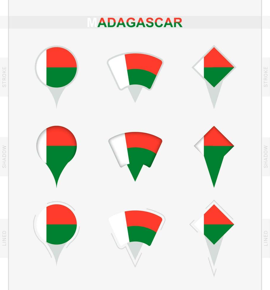 Madagáscar bandeira, conjunto do localização PIN ícones do Madagáscar bandeira. vetor