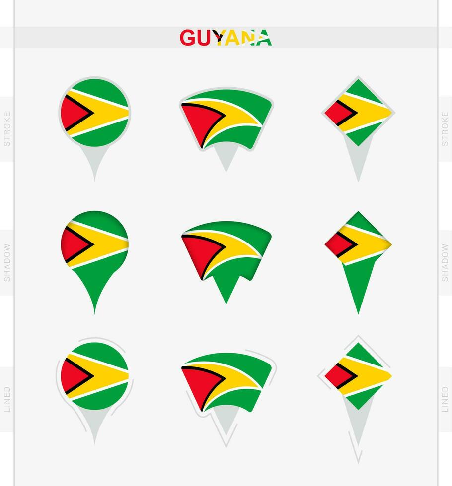 Guiana bandeira, conjunto do localização PIN ícones do Guiana bandeira. vetor