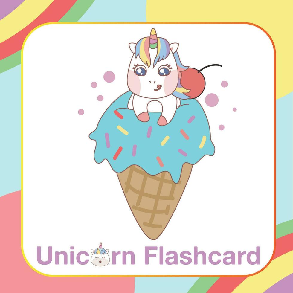 flashcard de unicórnio fofo para crianças. Pronto para imprimir. cartão de jogo para impressão. cartão educacional para pré-escola. ilustração vetorial. vetor