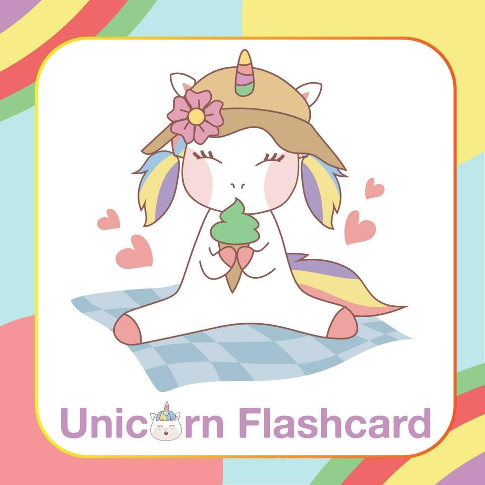 flashcard de unicórnio fofo para crianças. Pronto para imprimir. cartão de jogo para impressão. cartão educacional para pré-escola. ilustração vetorial. vetor