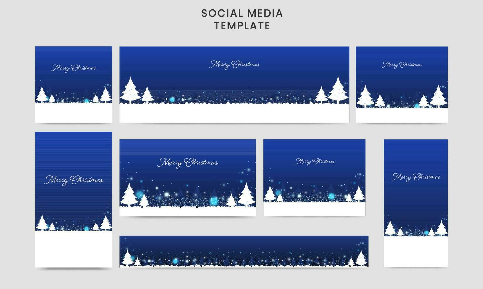 social meios de comunicação modelo e cabeçalho conjunto com natal árvores em azul e branco bokeh luz efeito fundo para alegre Natal conceito. vetor