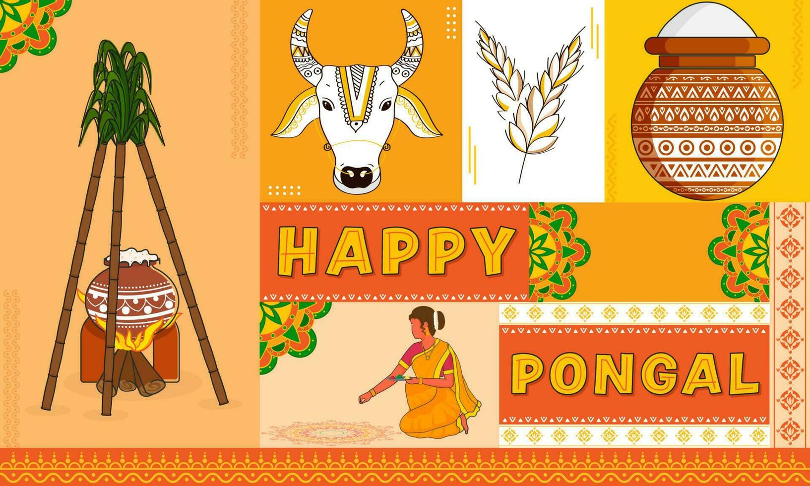 feliz pongal celebração fundo com sul indiano mulher, tradicional prato cozinhando às fogueira, vaca ou touro face e cana de açúcar. vetor