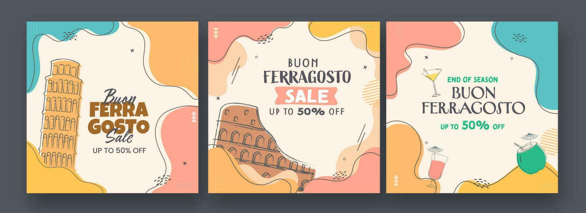 buon ferragosto venda poster ou modelo Projeto com desconto oferta dentro três opções. vetor