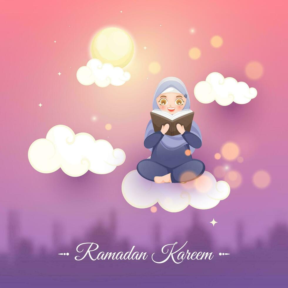 Ramadã kareem celebração conceito com muçulmano mulher lendo livro, nuvens em cheio lua Rosa e roxa fundo. vetor