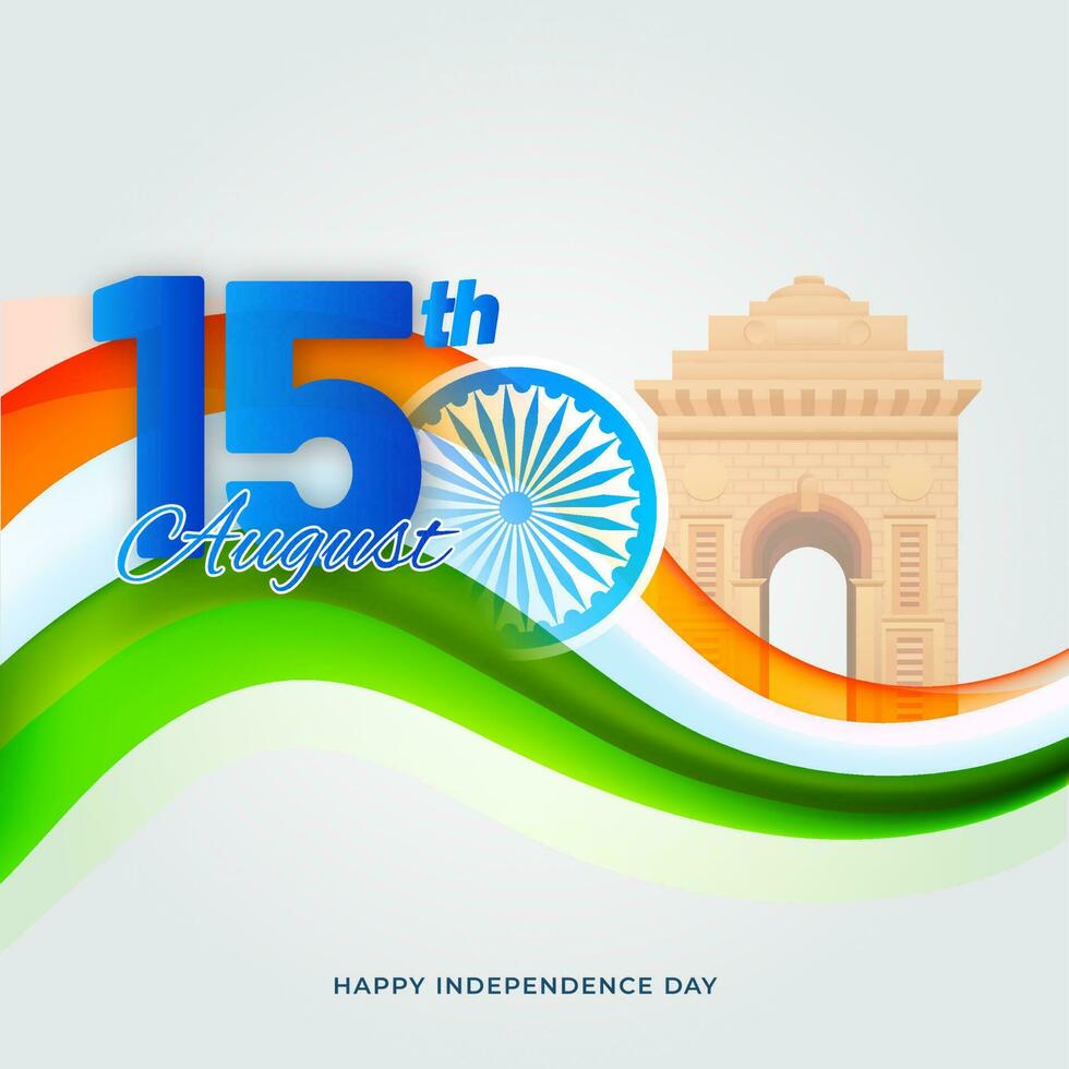 15º agosto texto com ashoka roda, Índia portão monumento e tricolor onda em cinzento fundo. vetor