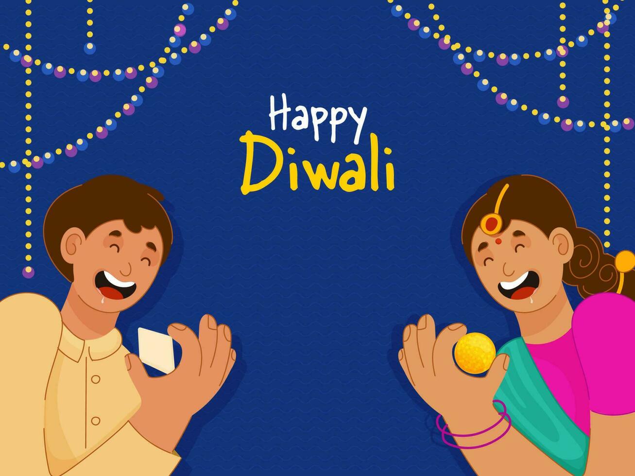 feliz diwali celebração conceito com indiano jovem Garoto e menina segurando doce em azul ondulado linhas fundo. vetor