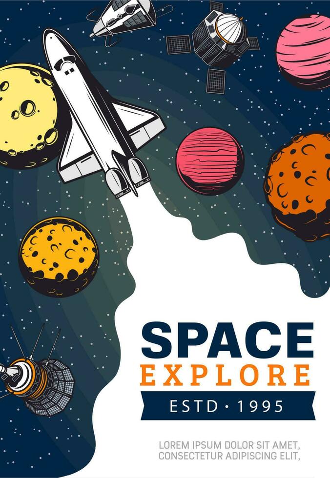 espaço explorar, nave espacial e planetas vetor