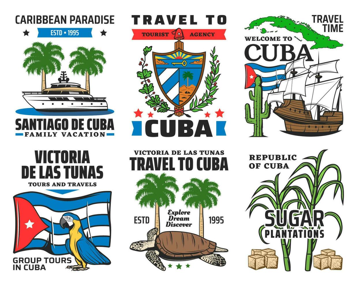 Cuba turista viagem, caribe período de férias ícones vetor