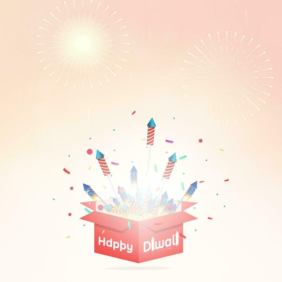 colorida fogos de artifício chegando Fora do uma presente caixa e fogos de artifício dentro a céu dentro a fundo durante diwali festival celebração dentro Índia. feliz diwali vetor