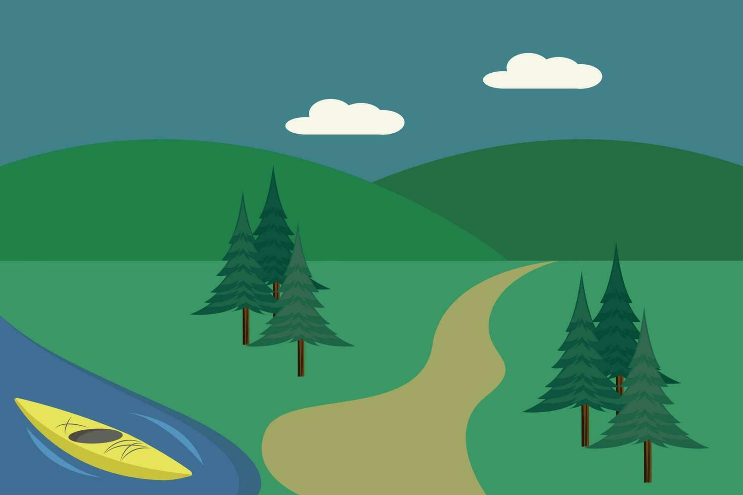 ilustração do ao ar livre cena com caiaque, caminhada trilha, lago e montanhas com natureza fundo. vetor