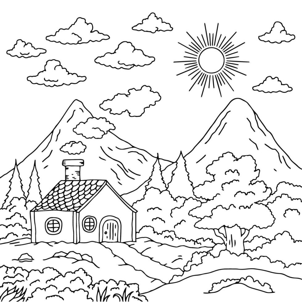 desenho de natureza paisagem contorno para colorir vetor