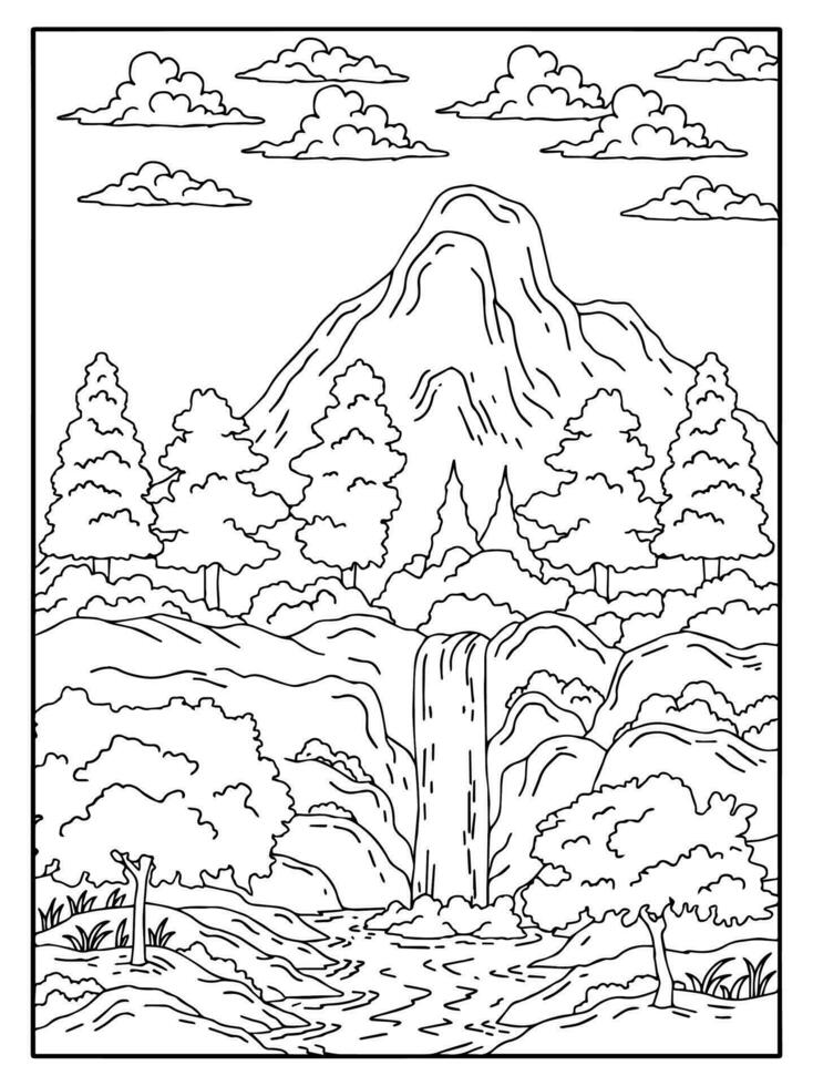 desenho de natureza paisagem contorno para colorir vetor