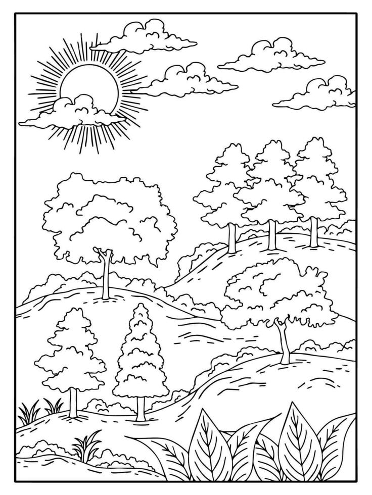 desenho de natureza paisagem contorno para colorir vetor