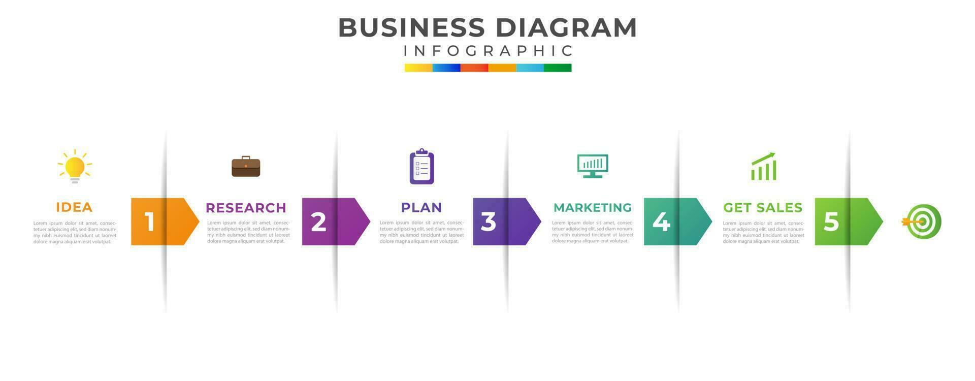 5 passos moderno Linha do tempo diagrama com Setas; flechas e o negócio ícones. vetor o negócio e apresentação infográfico modelo