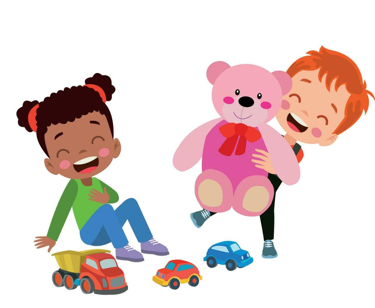uma Garoto e menina jogando com brinquedo carros e 1 menina é jogando com uma Rosa Urso de pelúcia urso. vetor