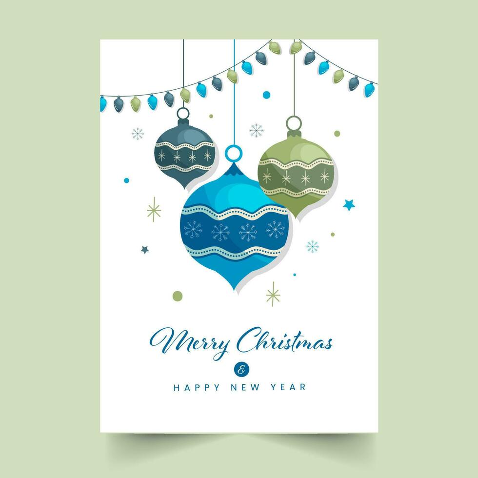 alegre Natal e feliz Novo ano cumprimento cartão decorado com iluminação guirlandas, enfeites aguentar ilustração. vetor