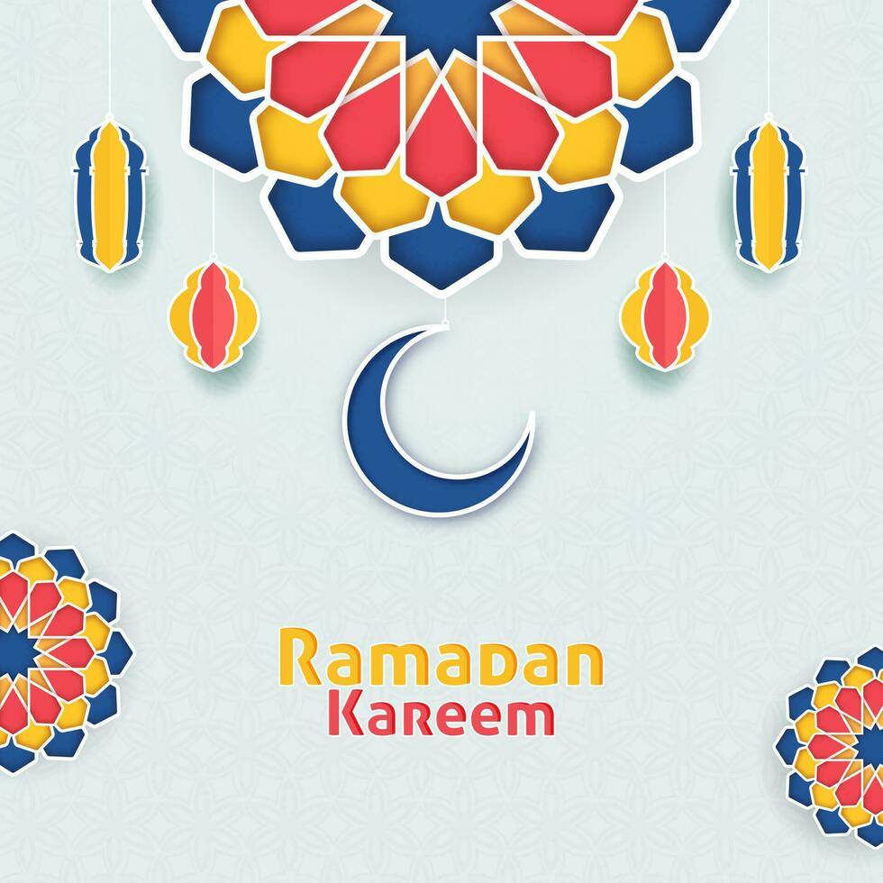 papel cortar Ramadã kareem texto com crescente lua, lanternas e floral ou árabe padronizar em fundo. vetor