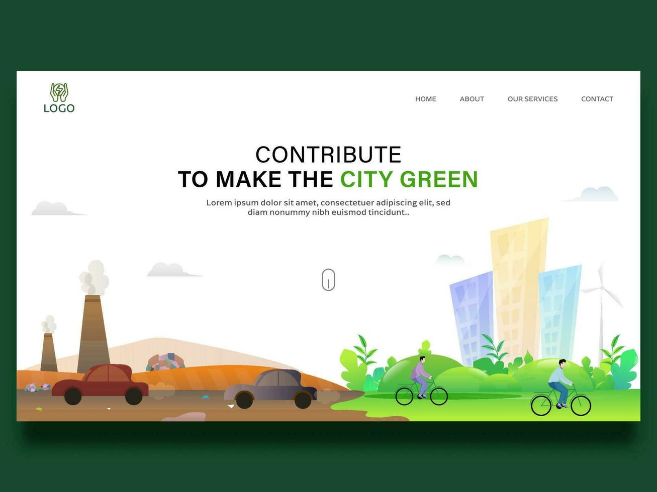 contribuir para faço a cidade verde Sediada aterrissagem página com Visão do poluição e verde cidade. vetor