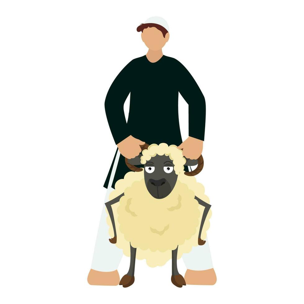 sem rosto islâmico jovem homem segurando chifres do ovelha em branco fundo. vetor