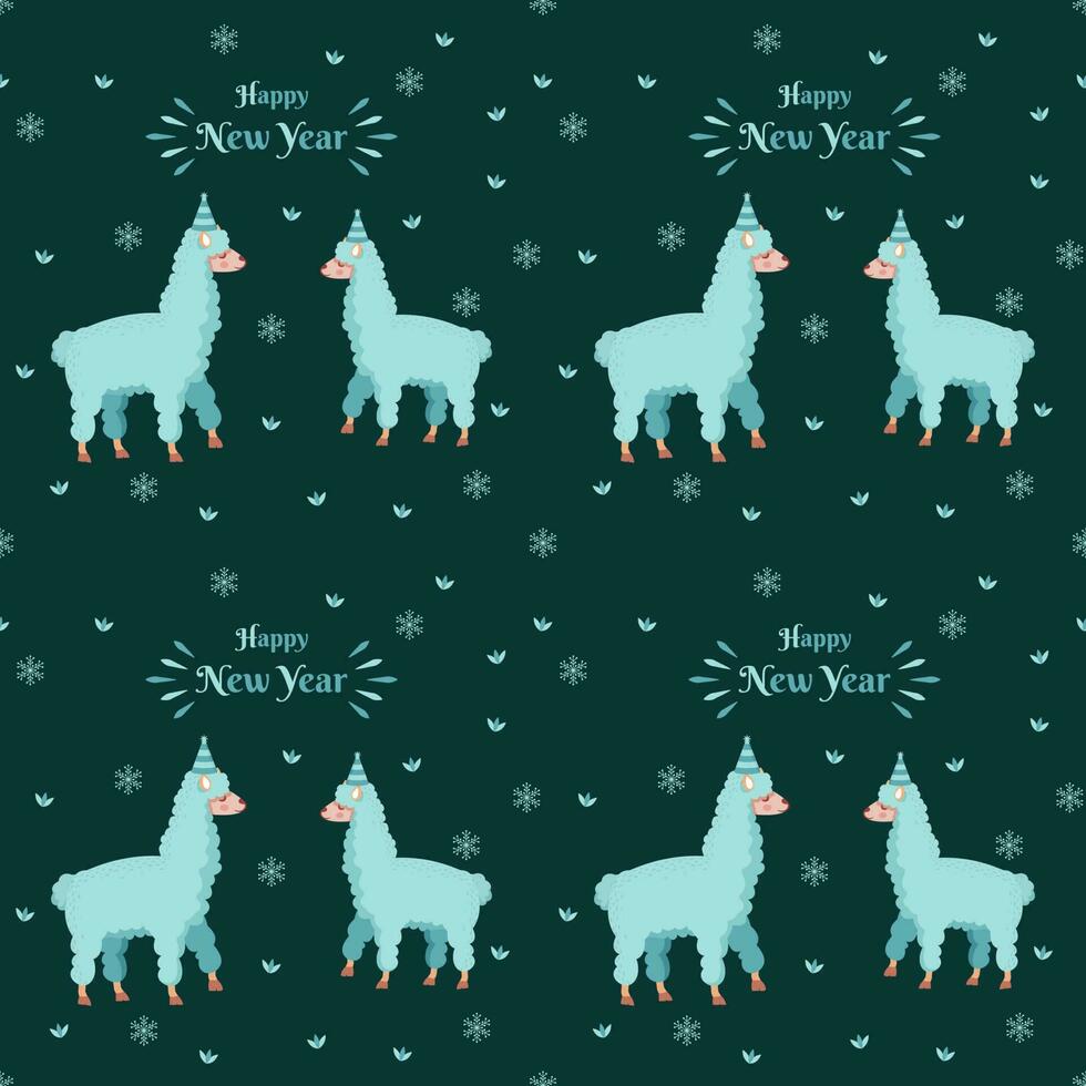 cerceta verde floco de neve padronizar fundo com desenho animado ovelha casal e feliz Novo ano Fonte. vetor