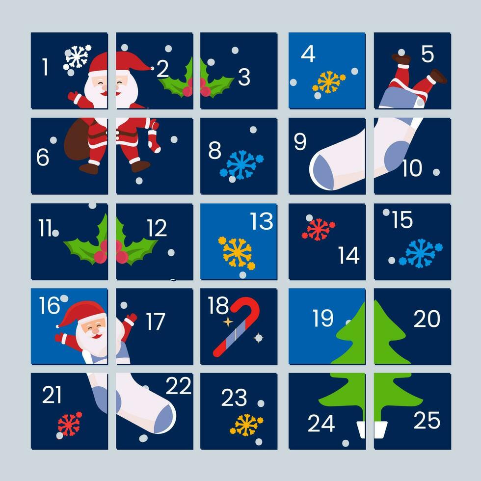 Natal advento calendário com festival elementos em verde quadrado fundo. vetor