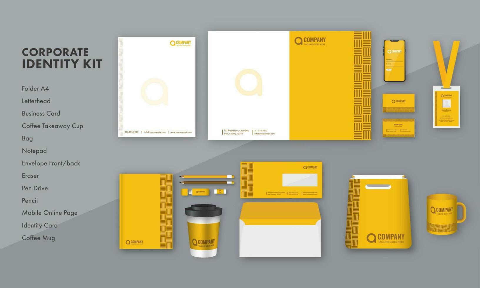 amarelo e branco cor corporativo identidade kits presente em cinzento fundo para anúncio. vetor