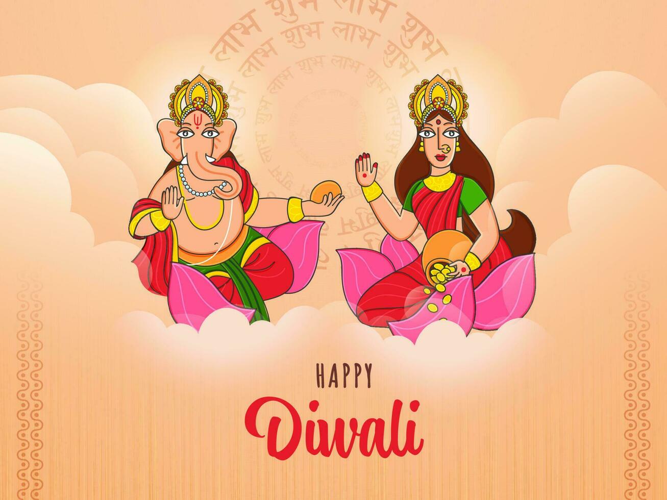 hindu mitologia ganesha com deusa Lakshmi estátua em hindi texto shubh laboratório Boa sorte laranja fundo para feliz diwali celebração. vetor