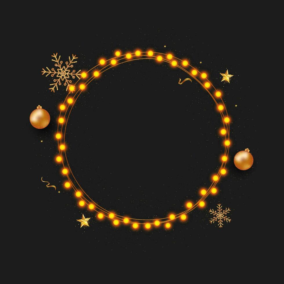 circular quadro, Armação fez de iluminação festão com realista bugigangas, flocos de neve, estrelas e cópia de espaço em Preto fundo. vetor
