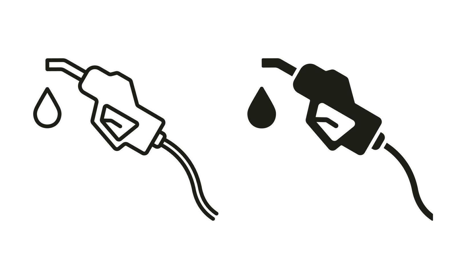 combustível bocal suporte com mangueira em gasolina estação linha e silhueta ícone definir. petróleo energia bomba em gás estação símbolo em branco fundo. fóssil preencher bocal. isolado vetor ilustração.