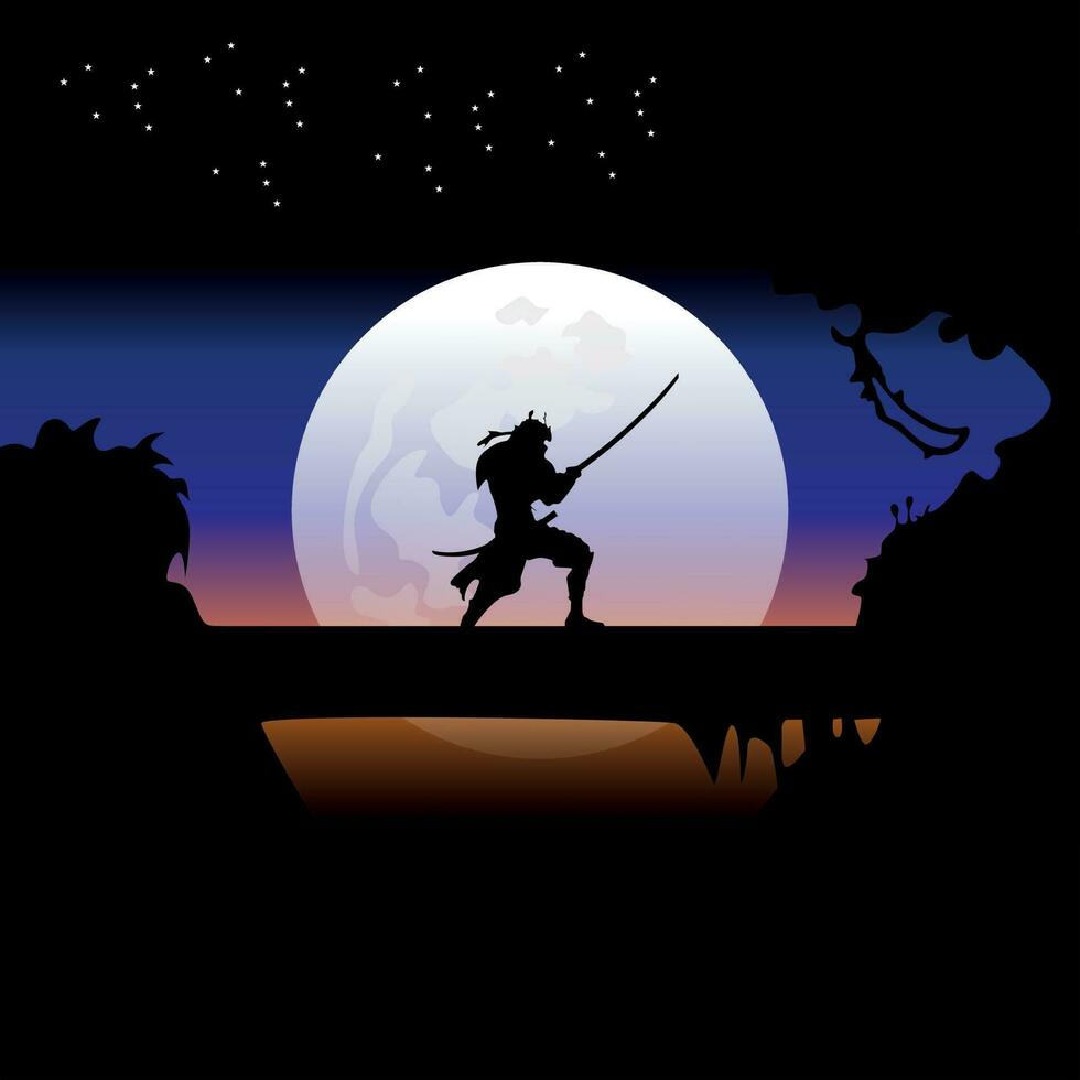 ninja, assassino, samurai Treinamento às noite em uma cheio lua vetor