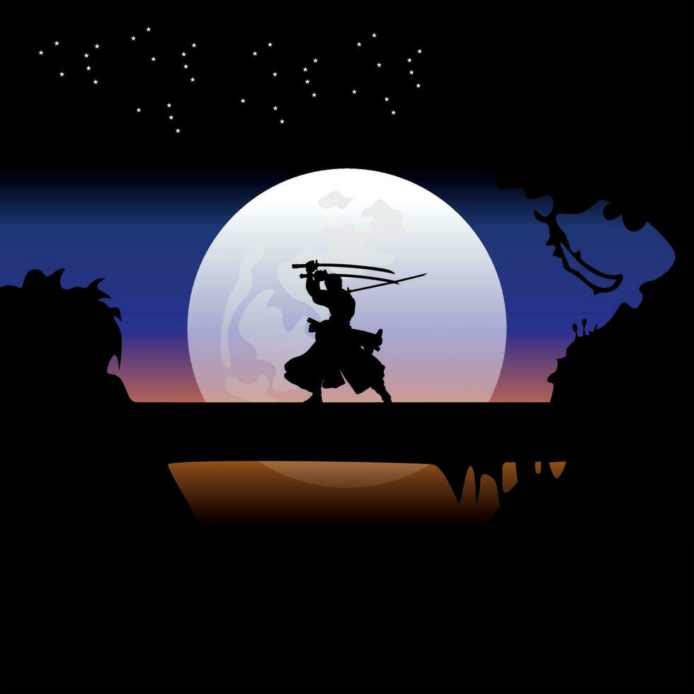 ilustração vetor gráfico do samurai Treinamento às noite em uma cheio lua. perfeito para papel de parede, poster, etc. ilustração vetor estilo, colorida Visão fundo, 1 pedaço, roronoa zoro