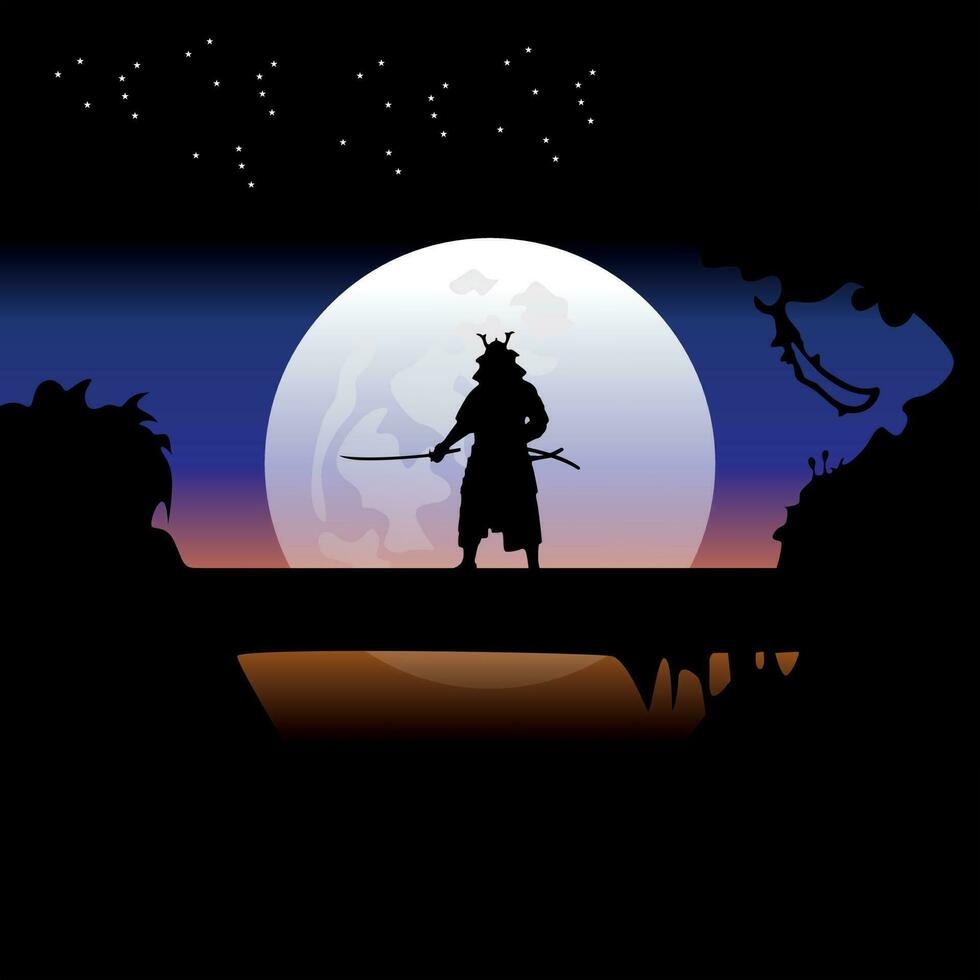 ninja, assassino, samurai Treinamento às noite em uma cheio lua vetor