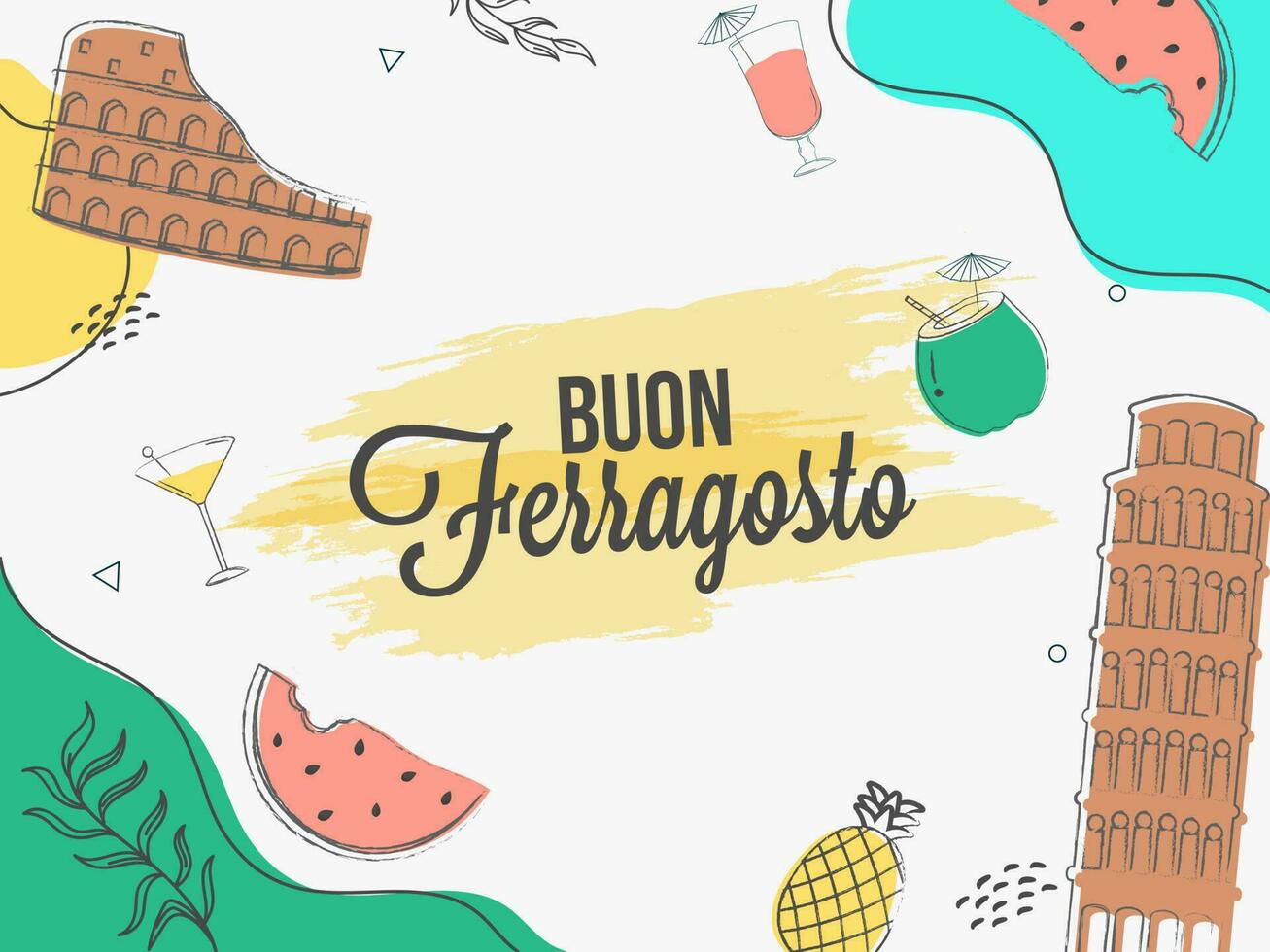 buon ferragosto poster Projeto com Itália famoso monumentos e frutas em abstrato fundo. vetor