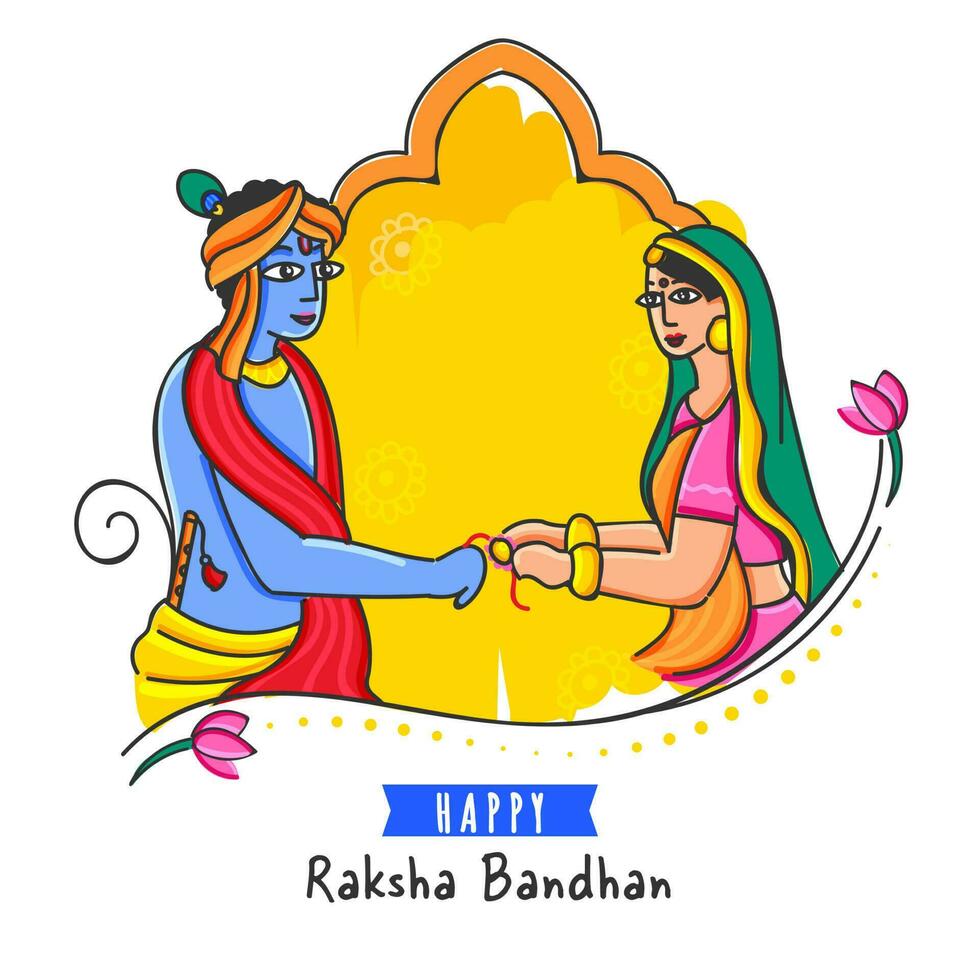 vetor ilustração do subhadra amarrar rakhi para senhor Krishna em amarelo e branco fundo para feliz raksha bandhan conceito.