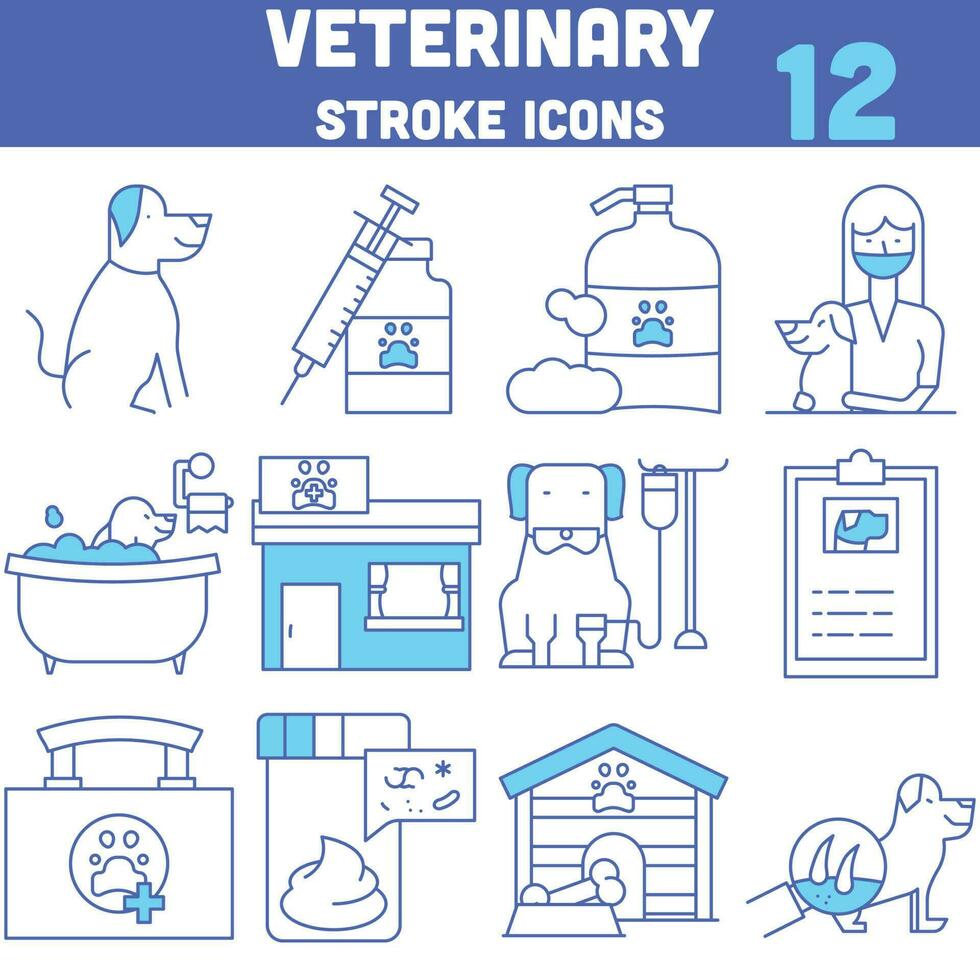 plano estilo veterinário ícone conjunto dentro azul e branco cor. vetor