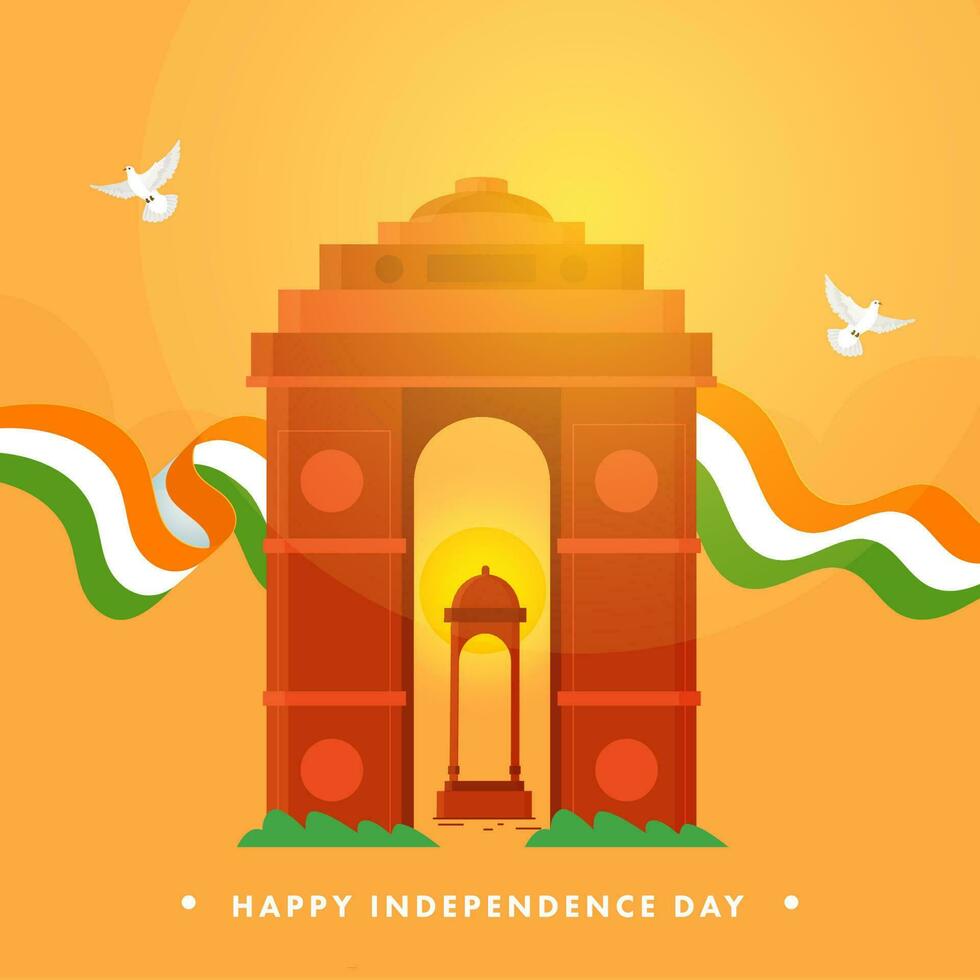 feliz independência dia conceito com Índia portão, marquise monumento, tricolor fita e pombas vôo em açafrão fundo. vetor