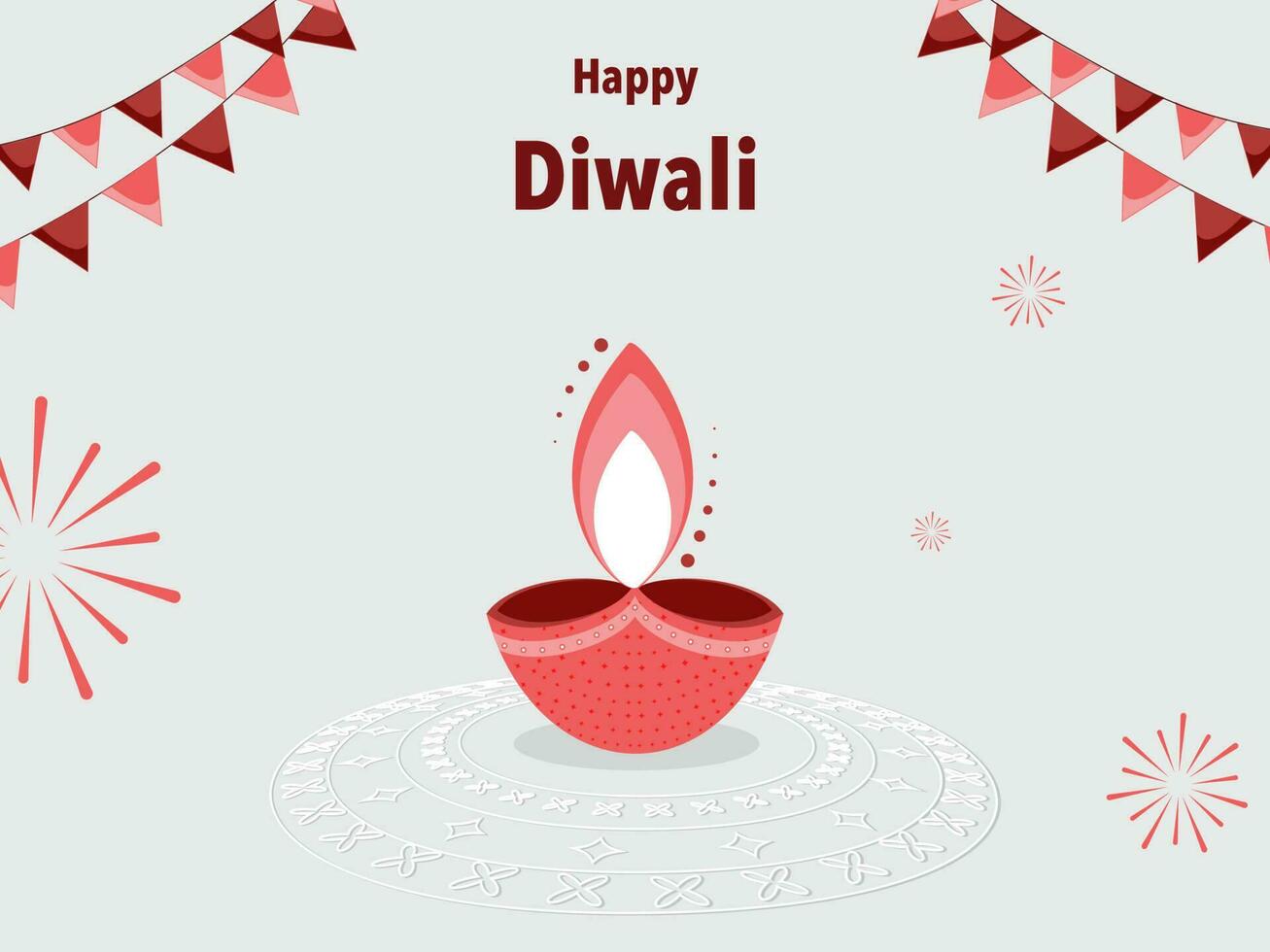 feliz diwali celebração conceito com aceso óleo luminária e estamenha bandeiras em cinzento fogos de artifício fundo. vetor