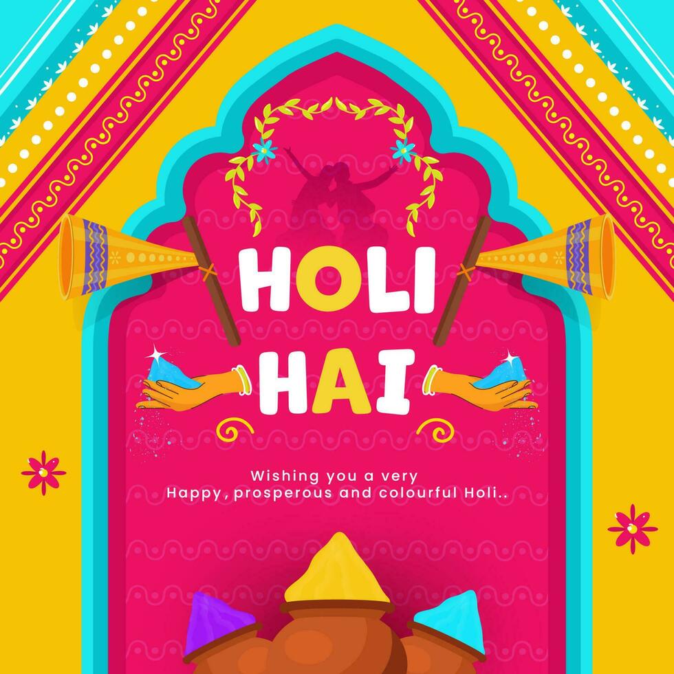 colorida kitsch estilo fundo com alto-falantes e lama panelas cheio do cor pó para holi hai celebração. vetor
